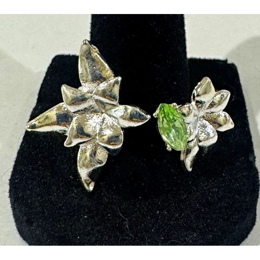 Silver Tone Flower Ring Size 8 with Marquise Green Stone Accent, MPN 0139